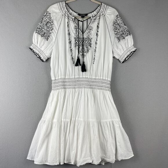 Lauren Ralph Lauren Embroidered Tiered Dress Womens 8 Voile Tassel Boho Peasant - Picture 1 of 16